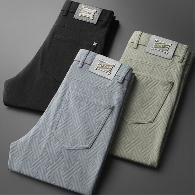 Gray men's lightweight stretch trousers, ideal for summer comfort & casual wear. Breathable and flexible.