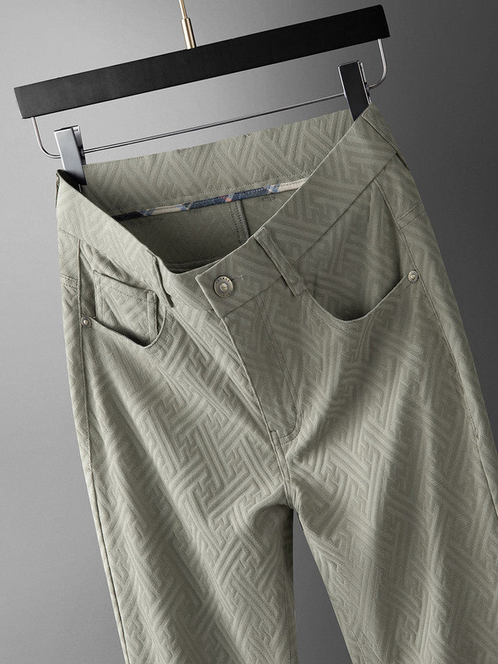 Men's casual summer trousers. Lightweight, stretch fabric in gray, green, or black for warm-weather style.