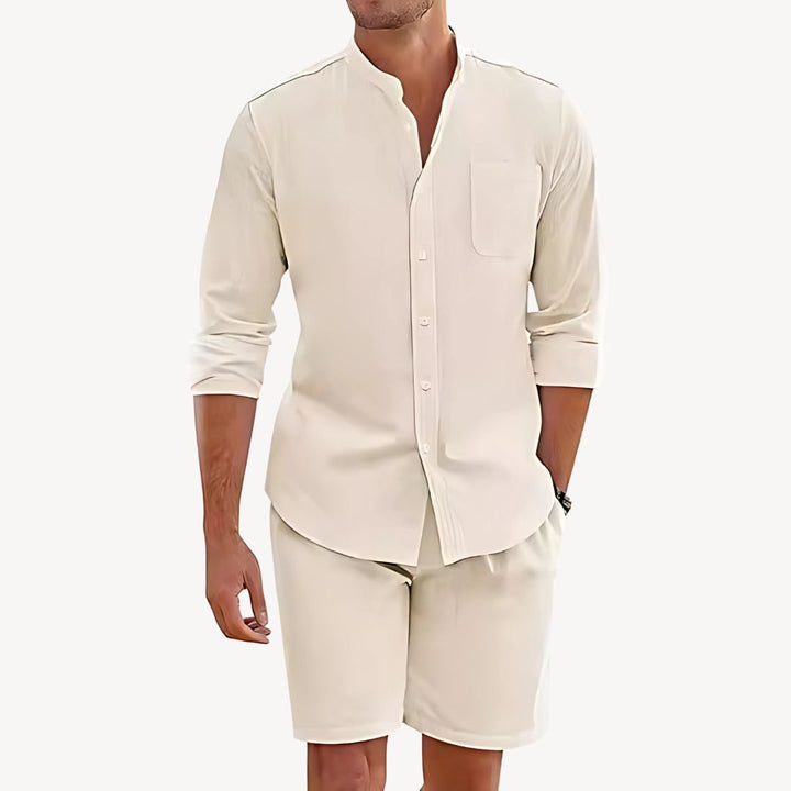 Men's lightweight summer outfit, featuring a relaxed fit button-up shirt and comfortable drawstring shorts. Perfect for beach.