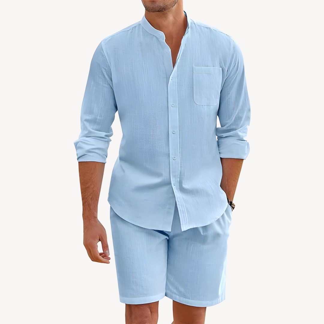 Relaxed fit men's lightweight button-up shirt & drawstring shorts co-ord set. Comfortable for summer outdoor wear.