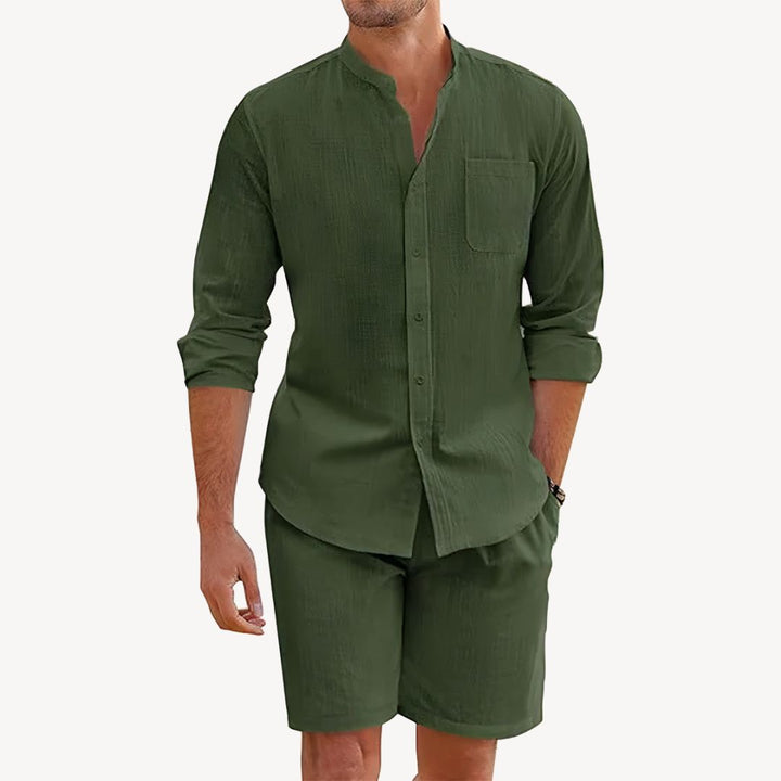 Stylish men's fashion co-ord set: lightweight button-up shirt and matching drawstring shorts for summer.