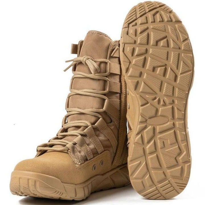 Tan leather tactical desert boots for men, featuring a lightweight design for outdoor adventures and hiking.
