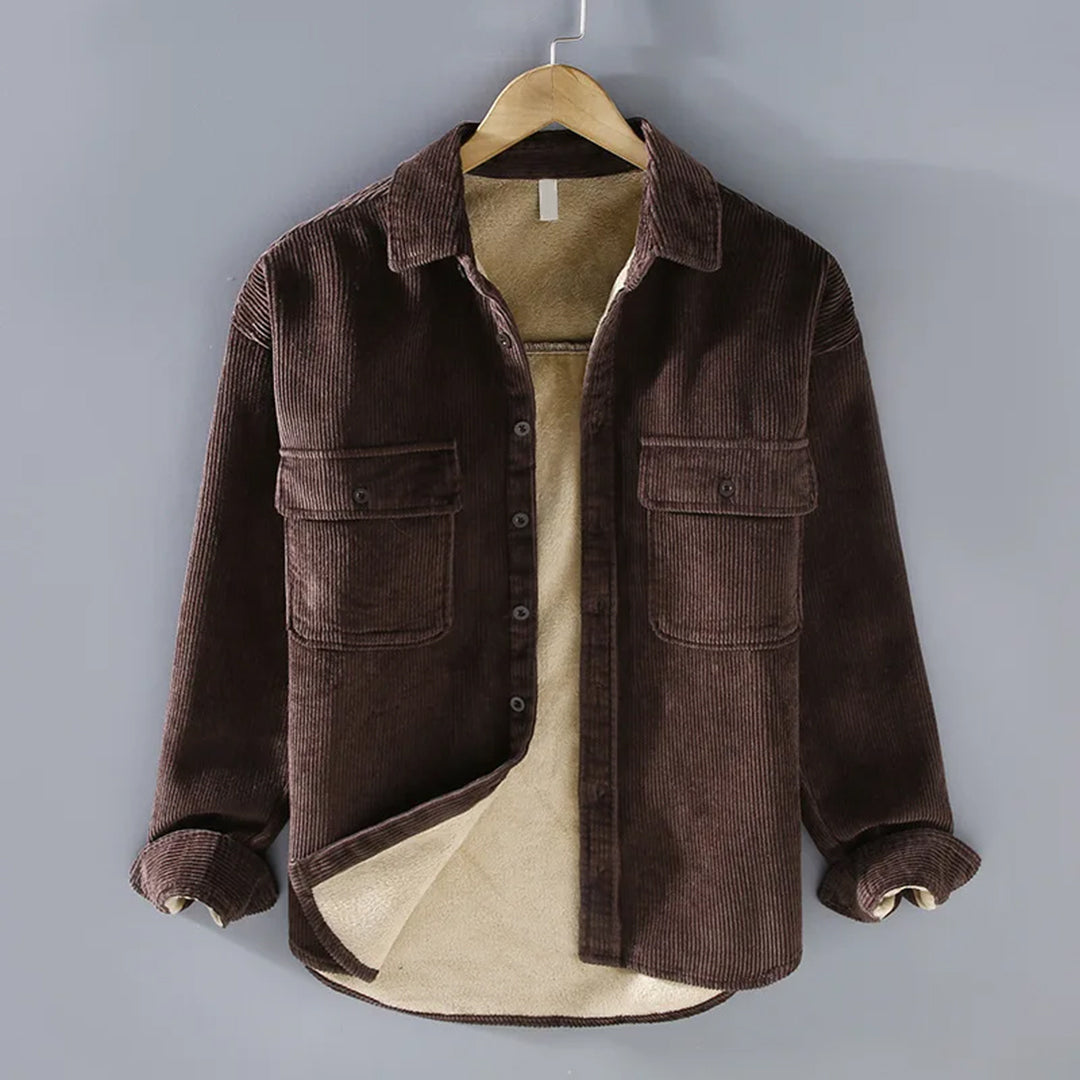 Classic men's corduroy jacket, lined for warmth, versatile fashion for autumn & casual wear.