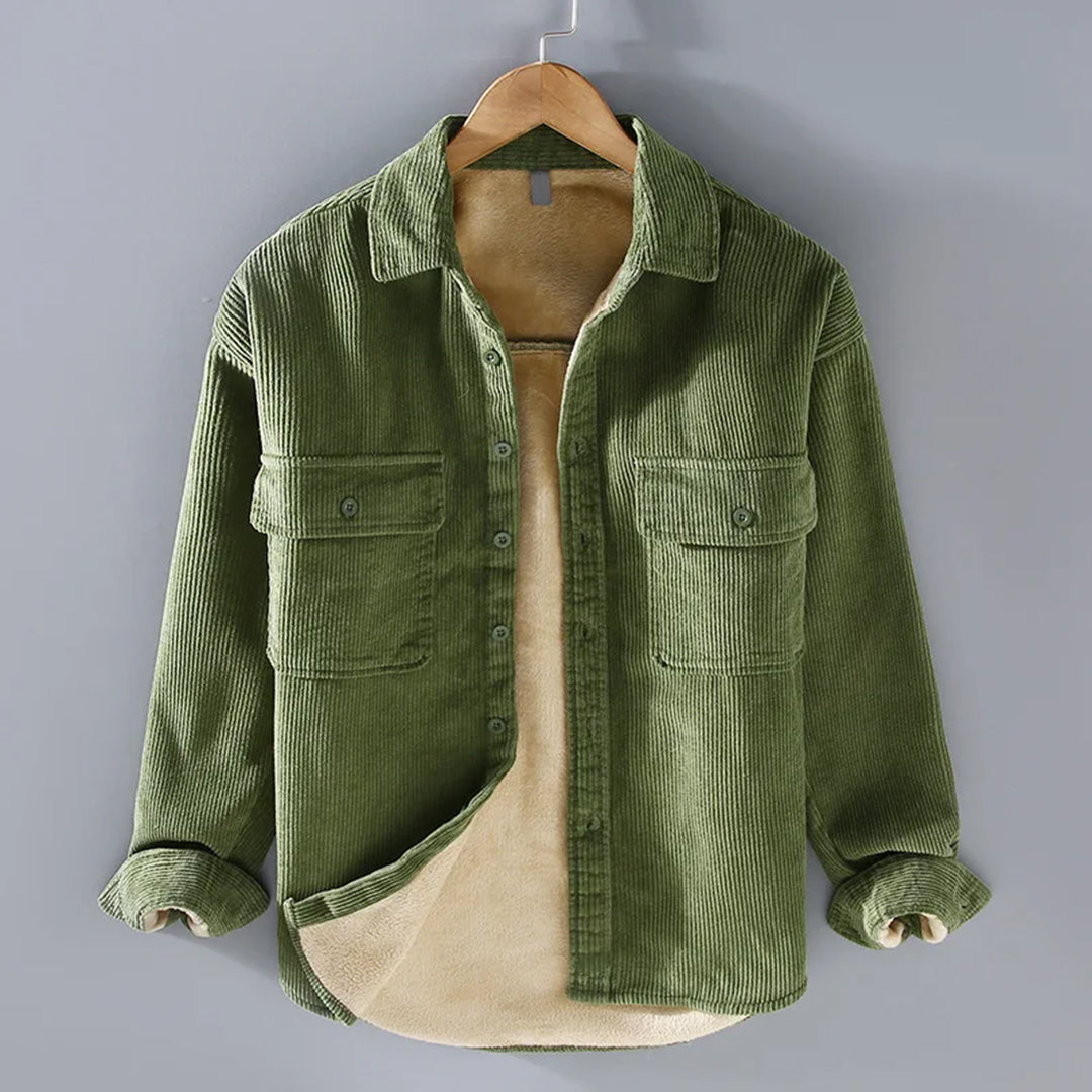Khaki men's lined corduroy jacket, durable & stylish outerwear for autumn style and everyday casual.