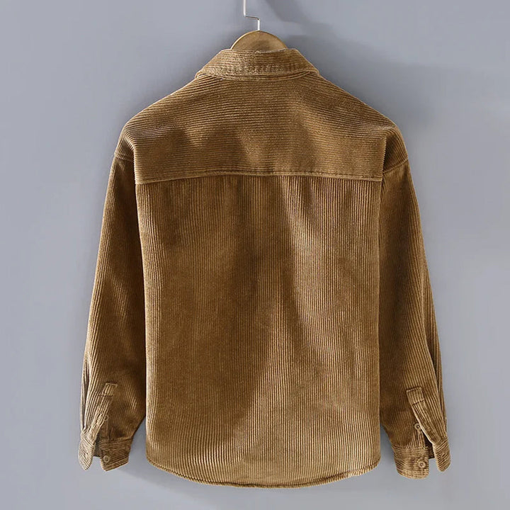 Gray men's corduroy jacket, warm lined outerwear, perfect for cool weather & versatile fashion.
