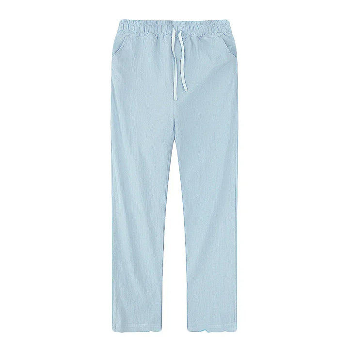 Men's linen blend trousers with drawstring waist, relaxed fit for ultimate summer comfort.