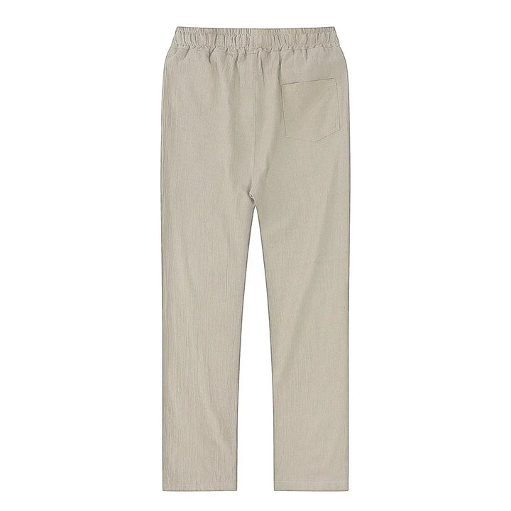 Men's beach linen blend trousers, breathable drawstring pants for summer holiday comfort.