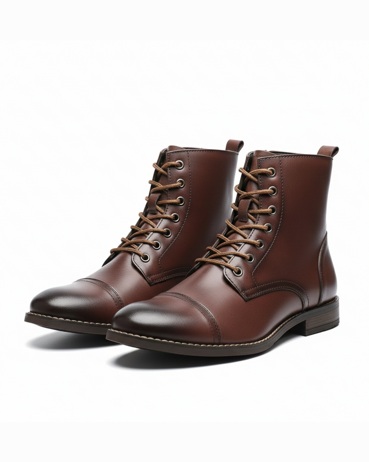 Men's Lisbon dress boots in refined dark brown leather, offering comfortable and versatile style for formal or casual wear.