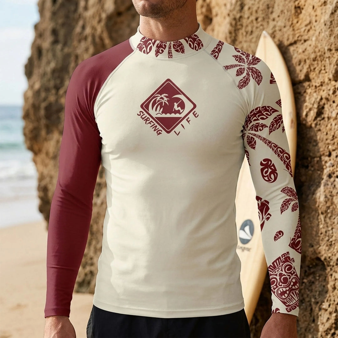 Men's long-sleeve rash guard for water sports, UV protection, & comfortable athletic wear.