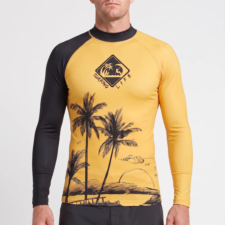 Men's athletic long-sleeve rash guard, engineered for performance & UV safety during active water sports.