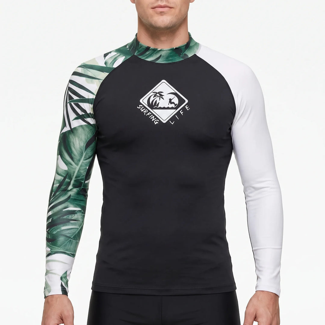 Versatile men's long-sleeve rash guard, great for swimming, surfing, & general sun protection.