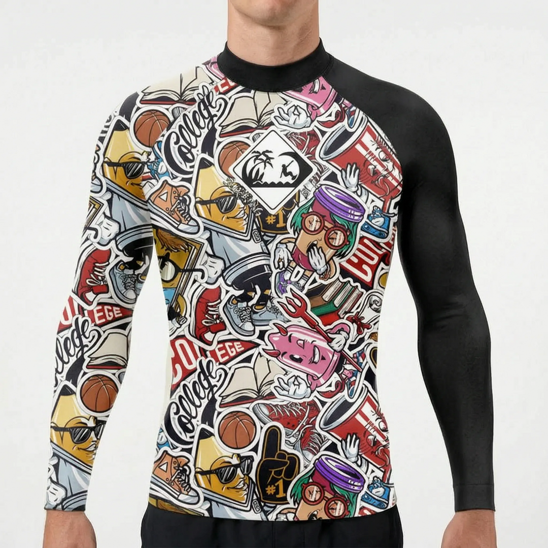 Men's long-sleeve rash guard for water sports, sun protection, and beach activities.