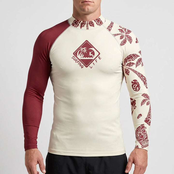 UPF 50+ men's long-sleeve rash guard, ideal for sun protection during surfing & water sports.