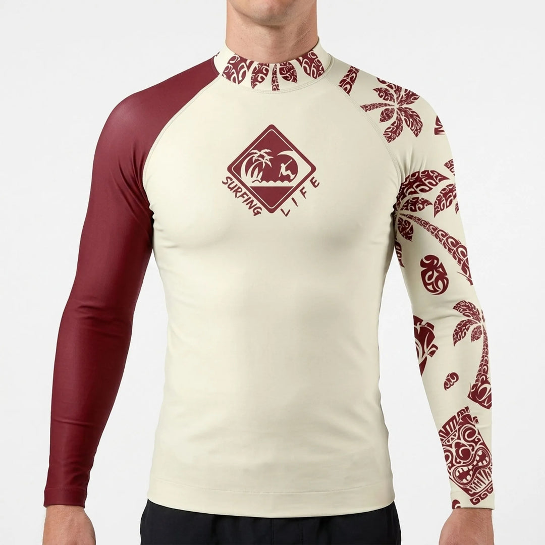 Stylish men's long-sleeve rash guard, designed for optimal comfort & sun protection in swimwear.