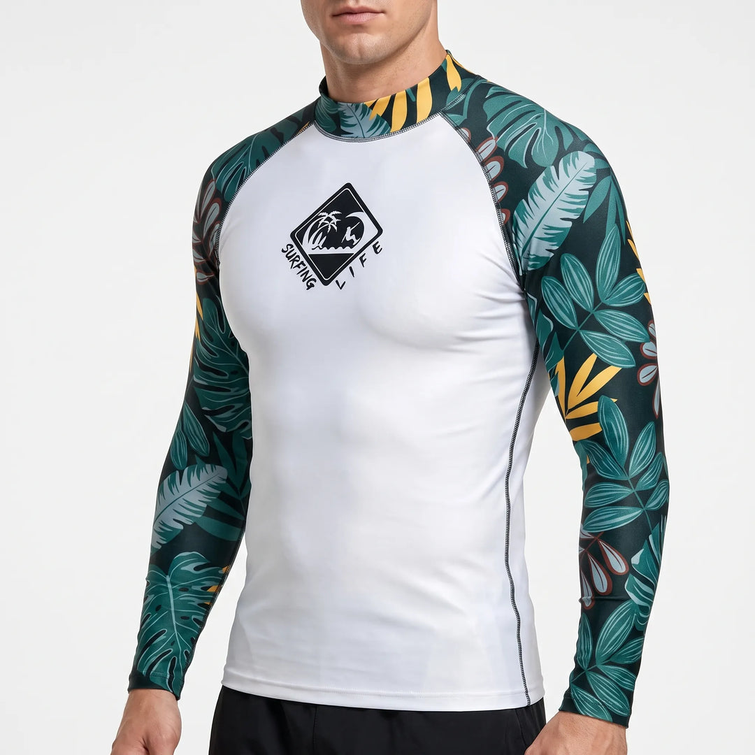 Durable men's long-sleeve rash guard, essential beach apparel for outdoor active water sports.