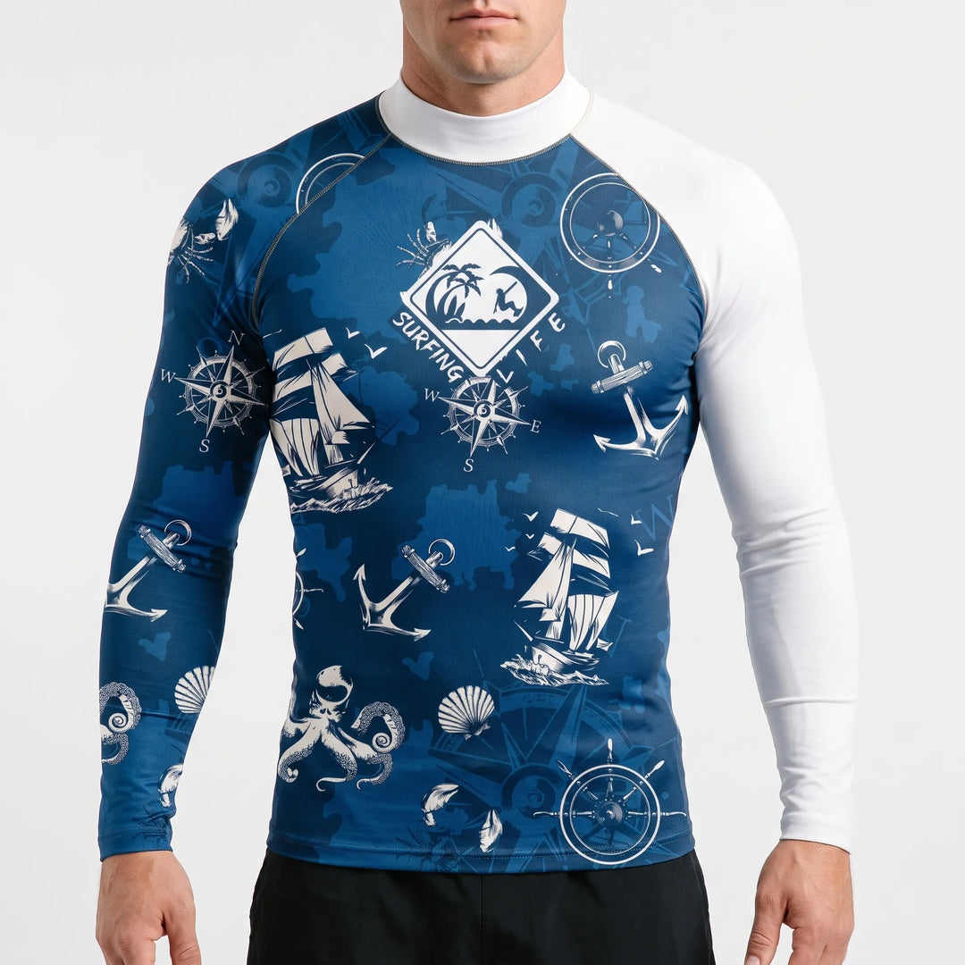 High-performance men's long-sleeve rash guard, offering UV protection for intense water sports.