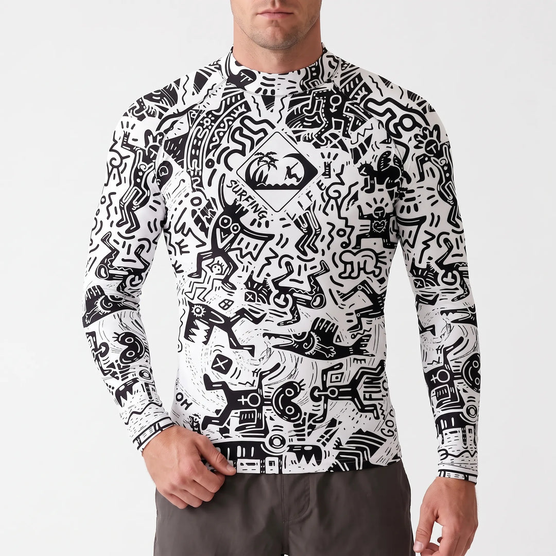 Comfortable men's long-sleeve rash guard, breathable & quick-drying for all water activities.