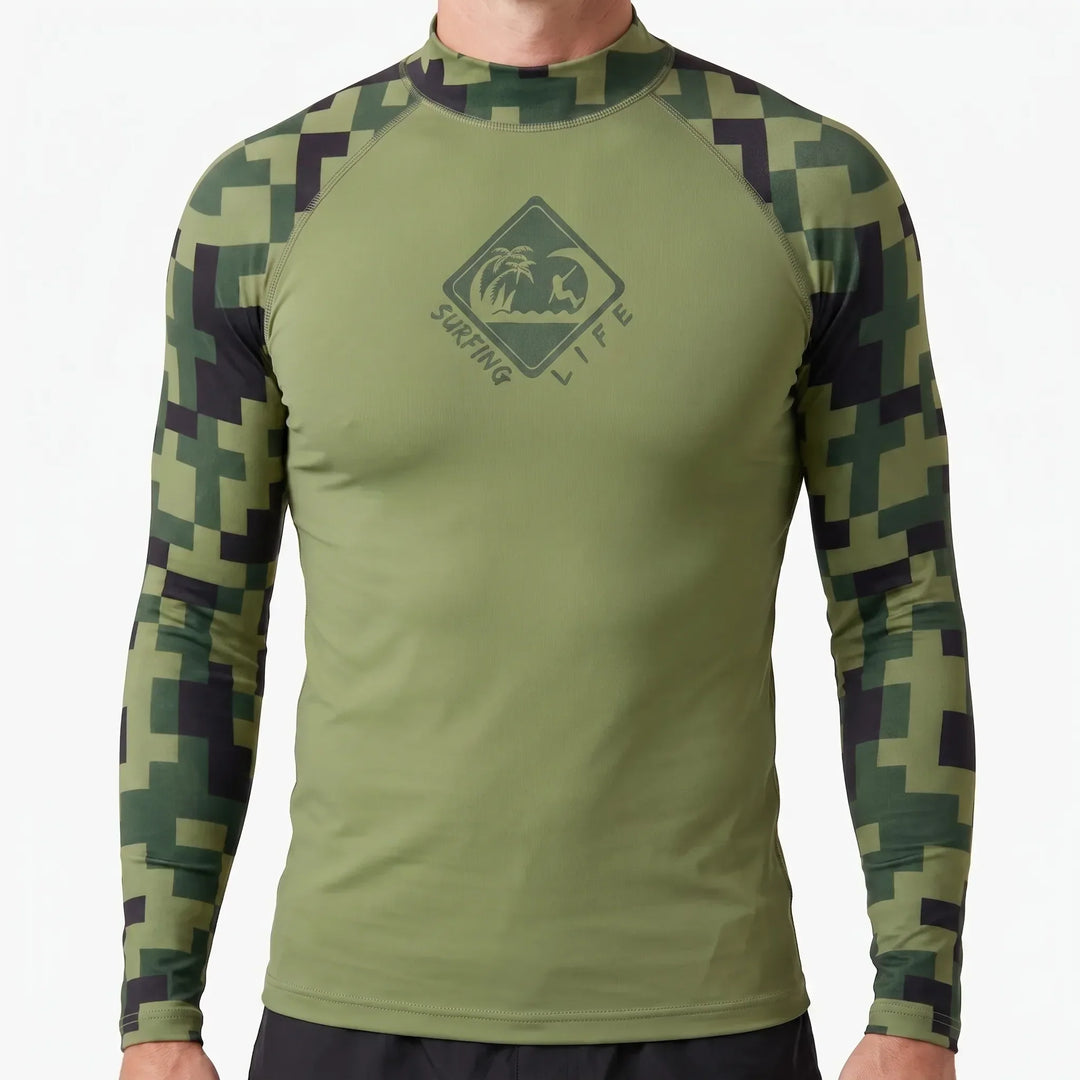 Men's long-sleeve surfing shirt, providing superior sun and rash protection on the waves.