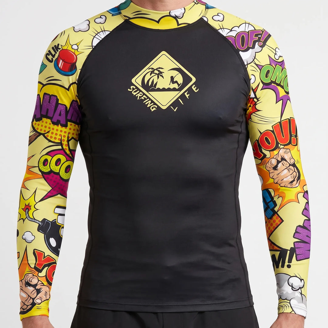 Essential men's long-sleeve swimwear rash guard for comprehensive sun protection in the water.