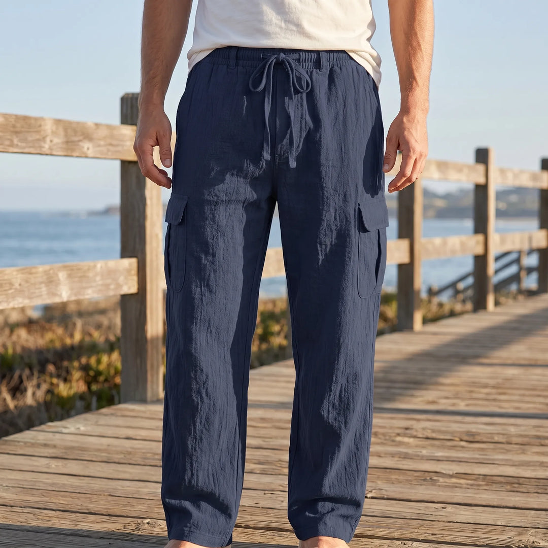 Men's loose fit cargo pants with large utility pockets for casual comfort and storage.
