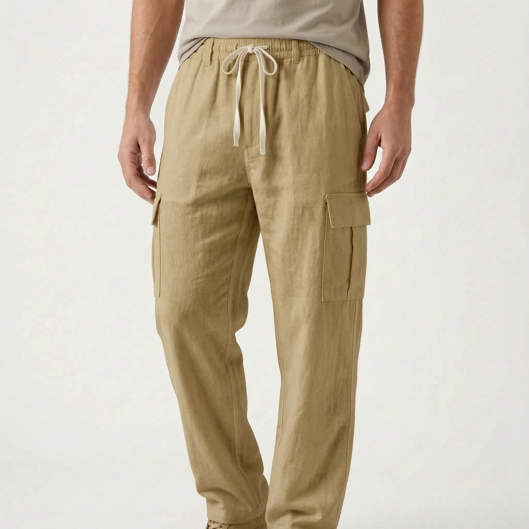 Comfortable loose fit men's cargo pants, straight leg design, excellent for everyday and summer fashion.