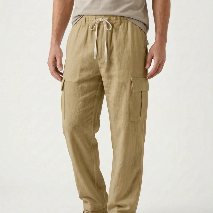 Comfortable loose fit men's cargo pants, straight leg design, excellent for everyday and summer fashion.