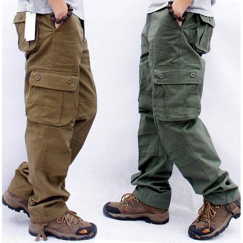 Men's loose fit tactical cargo pants in cotton, ideal for outdoor wear & workwear, multiple pockets.