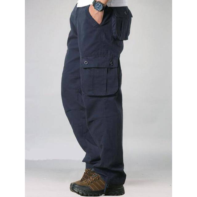 Casual men's loose fit cargo pants, tactical style, durable cotton, ideal for outdoor activities.