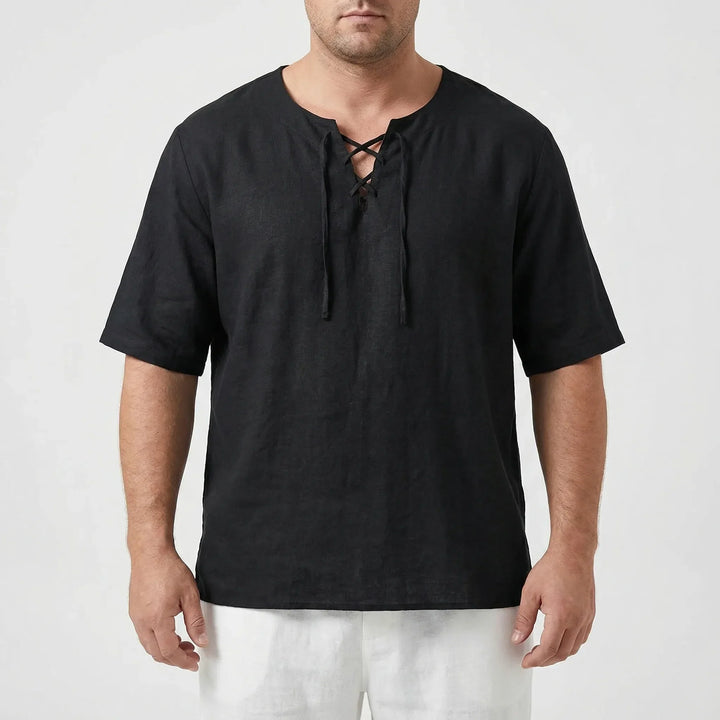 Casual men's V-neck shirt with stylish lace-up detail, a loose fit for everyday comfort.
