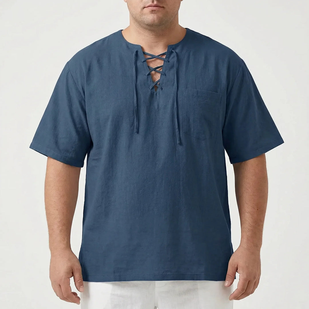 Men's fashion V-neck pullover with adjustable lace-up, a trendy loose fit for modern style.