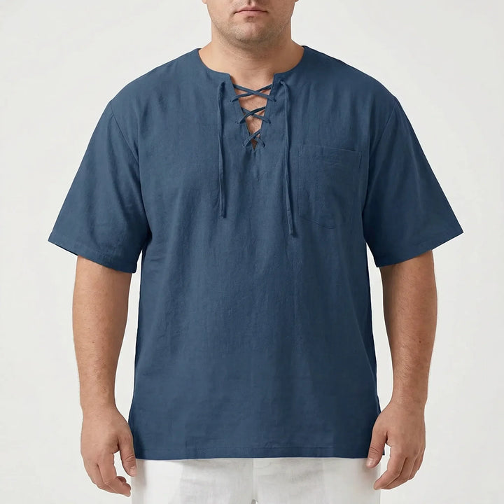 Men's fashion V-neck pullover with adjustable lace-up, a trendy loose fit for modern style.