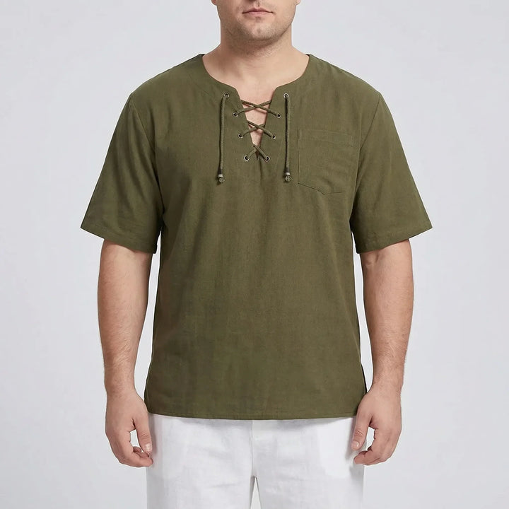 Comfortable men's loose V-neck top, featuring a unique lace-up design ideal for warm weather.