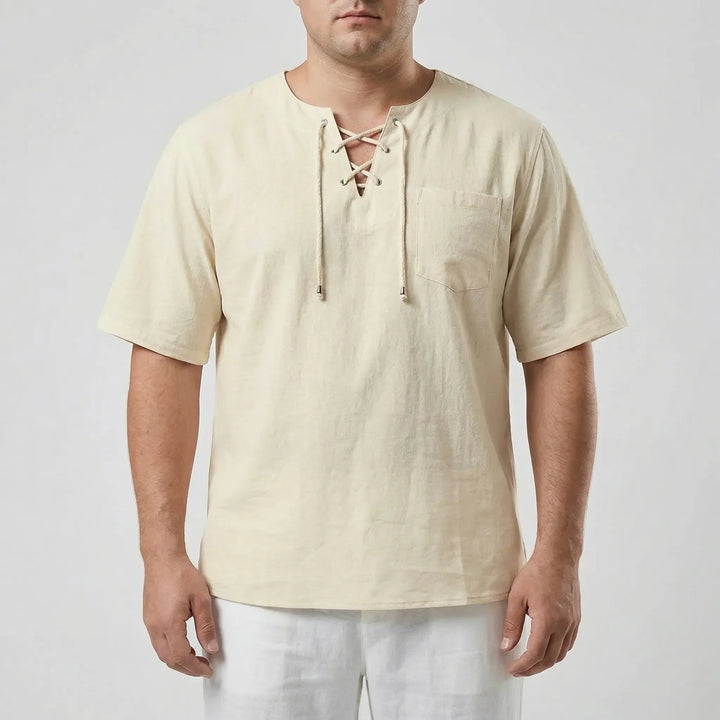 Men's casual summer pullover, V-neck with decorative lace-up front, offering a relaxed fit.