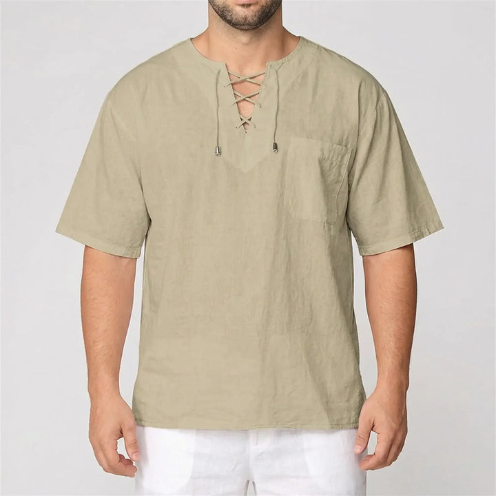 Breathable men's loose V-neck shirt with lace-up detail, great for relaxed outdoor or home wear.