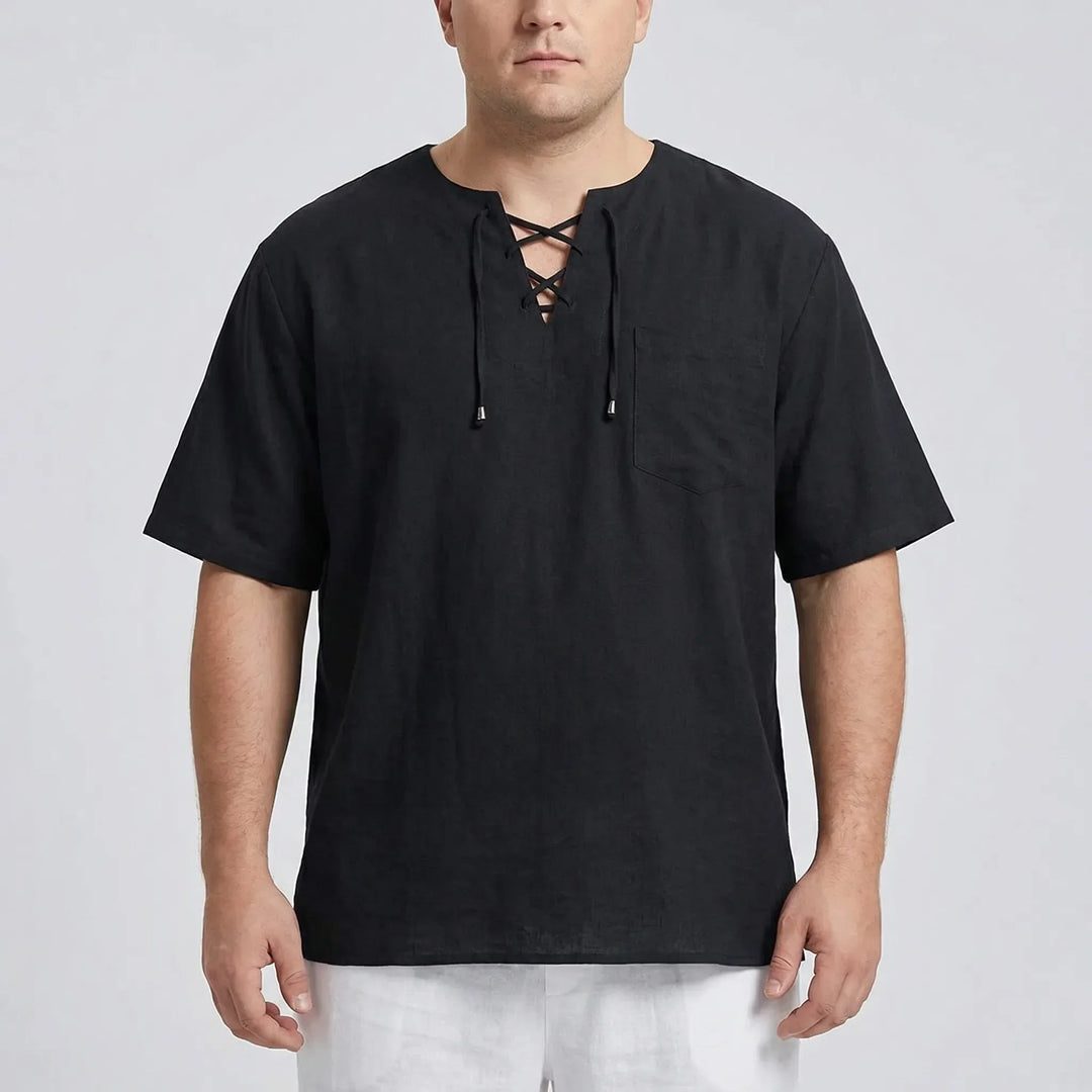 Stylish men's V-neck lace-up top, a loose comfortable pullover ideal for a relaxed summer look.