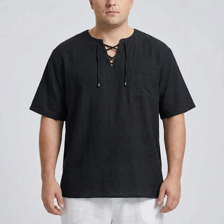 Stylish men's V-neck lace-up top, a loose comfortable pullover ideal for a relaxed summer look.