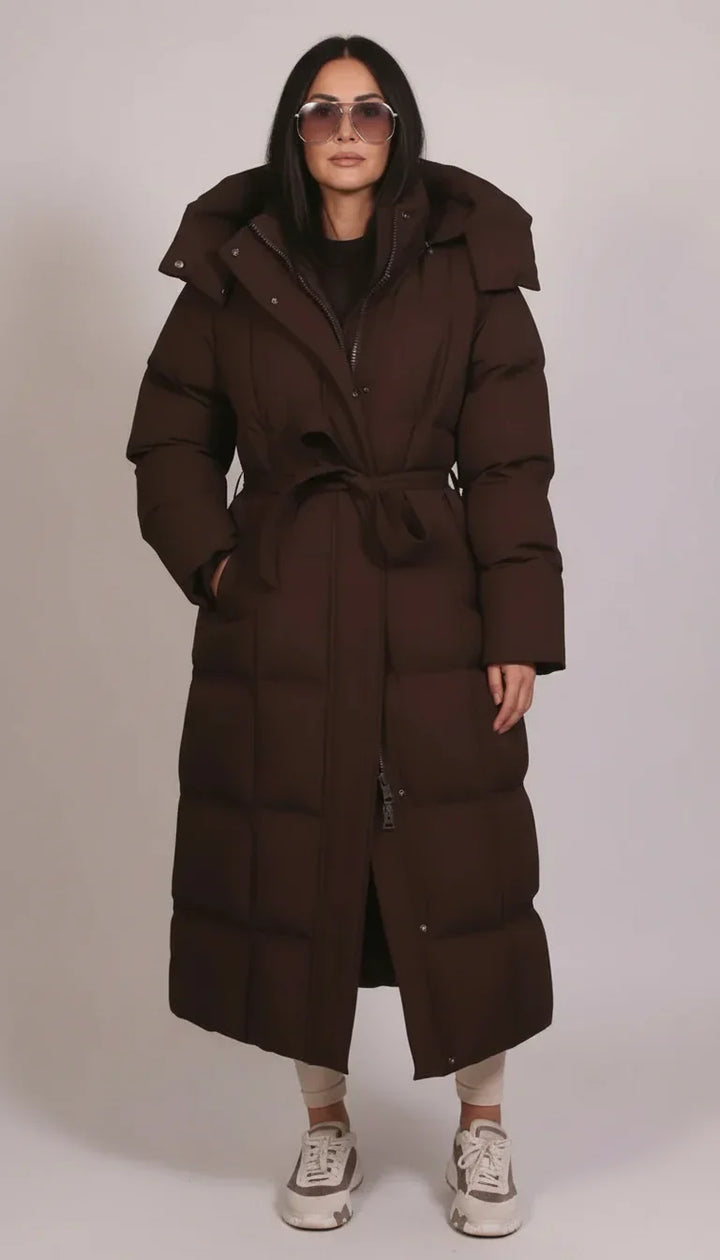 Warm men's longline puffer coat, weatherproof and insulated for extreme cold weather protection & comfort.