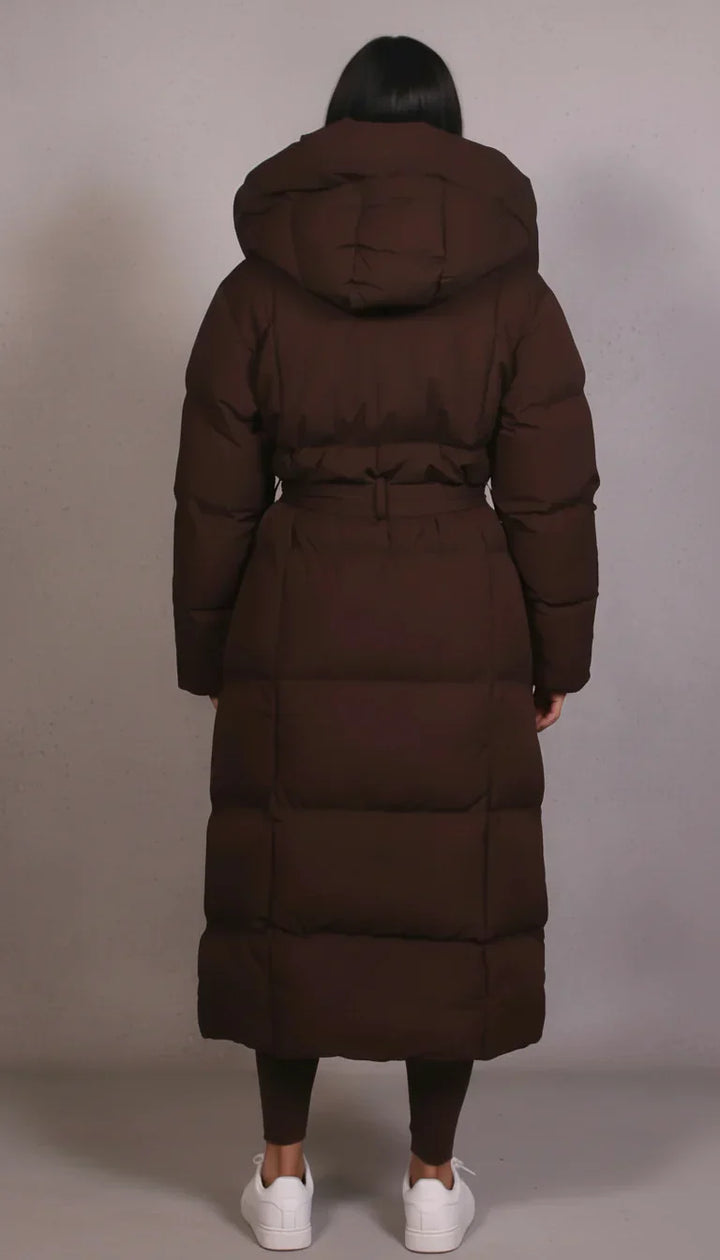 Luxe men's longline puffer coat, designed for ultimate winter warmth; a stylish, insulated cold weather jacket.
