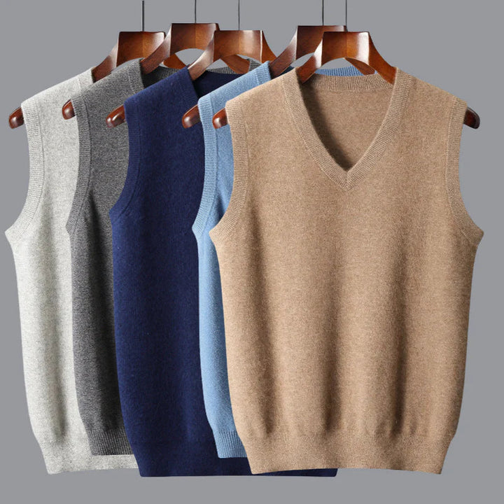Elegant men's V-neck cashmere vest, a luxury knit perfect for layering in any season.