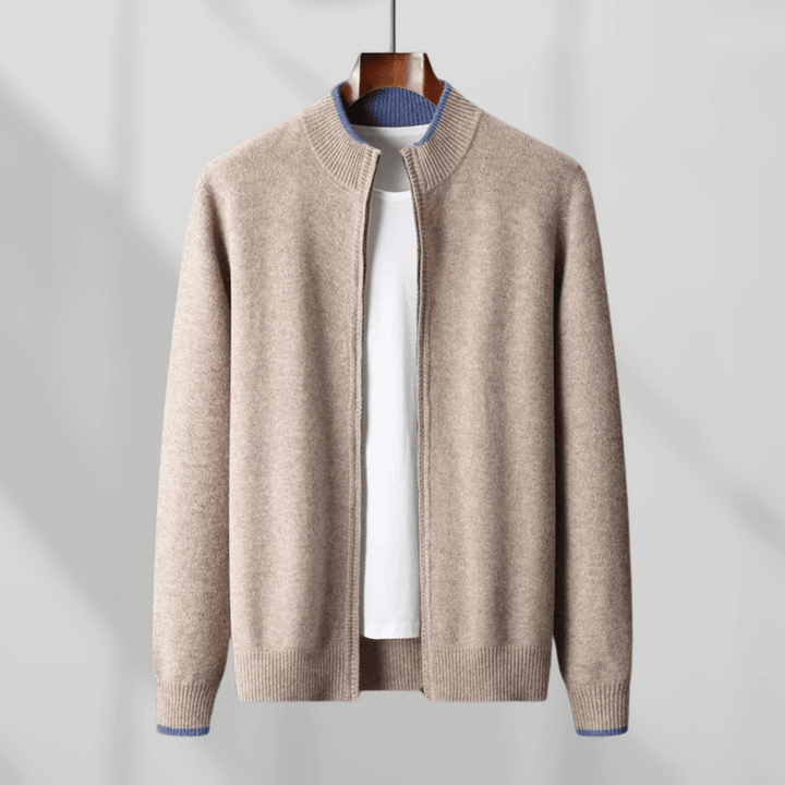 Men's luxurious soft zip-up cardigan, perfect for elegant casual layering.