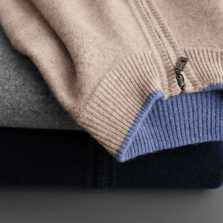 Stylish men's long sleeve zip-up cardigan, a luxurious addition to any wardrobe.