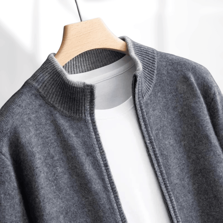 Menswear luxurious soft zip-up cardigan, a key piece for stylish comfort.