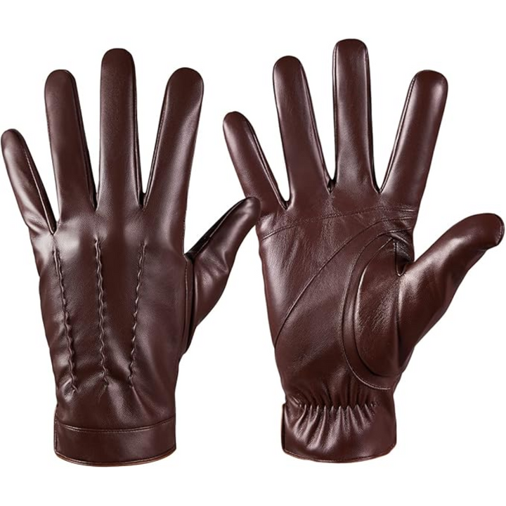 Stylish men's black leather touchscreen gloves, cashmere-lined for warmth & smartphone use.