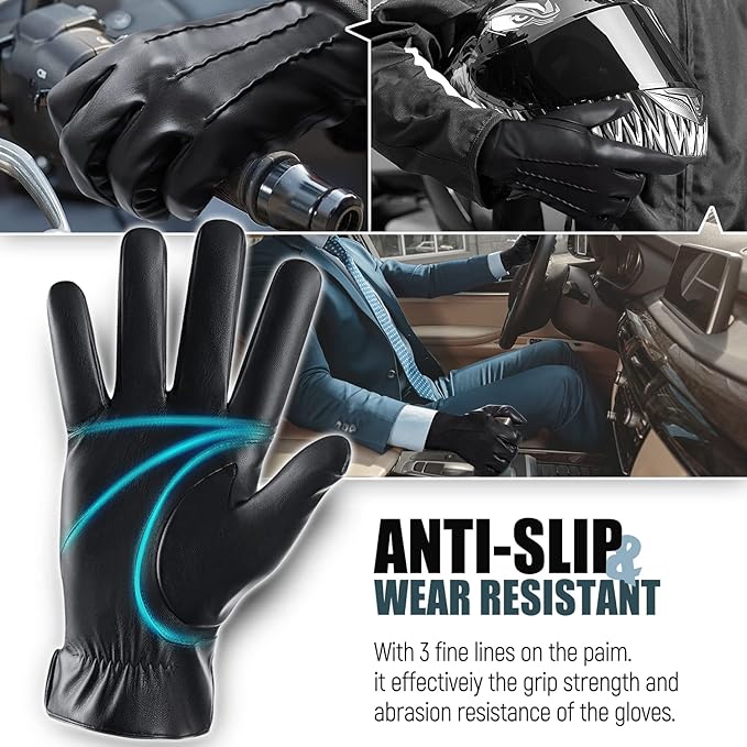 Men's cold weather touchscreen leather gloves, cashmere-lined for superior warmth and comfort.
