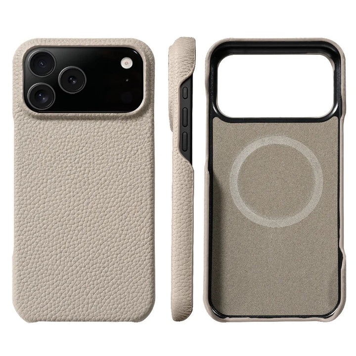 Essential men's genuine leather iPhone accessory. MagSafe compatible, luxury phone cover for daily use.