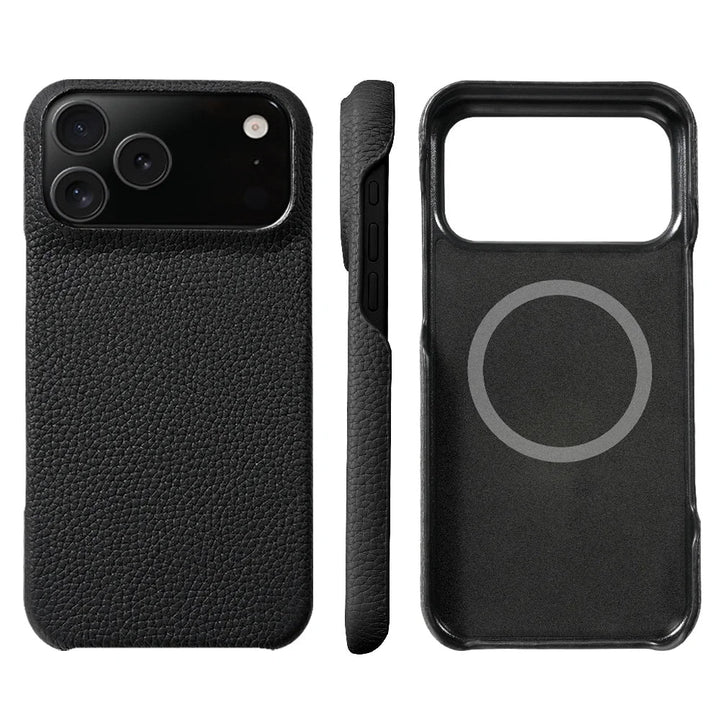 Modern men's luxury leather iPhone case with MagSafe. Sleek design for seamless wireless charging.