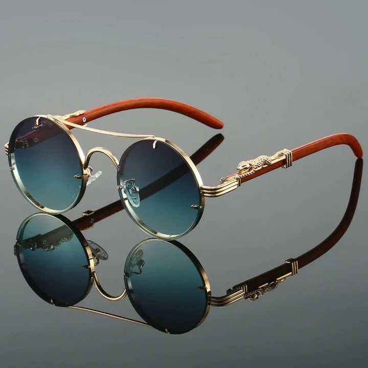 Men's luxury Legacy sunglasses with stylish wooden temples & gradient lenses, offering UV protection and fashion eyewear.