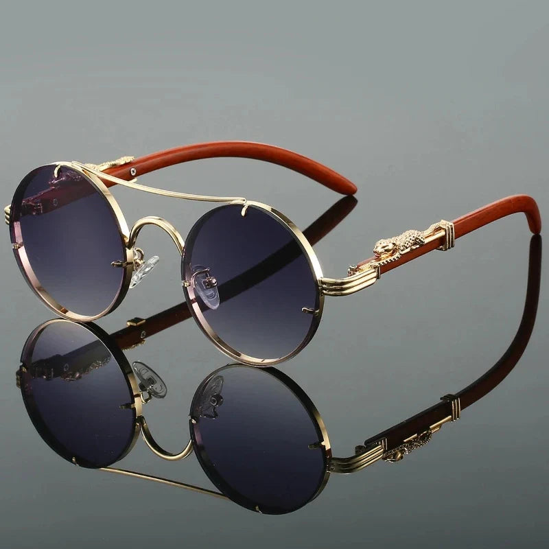 Sophisticated men's luxury sunglasses: Legacy style with unique wooden temples & gradient UV protective lenses.
