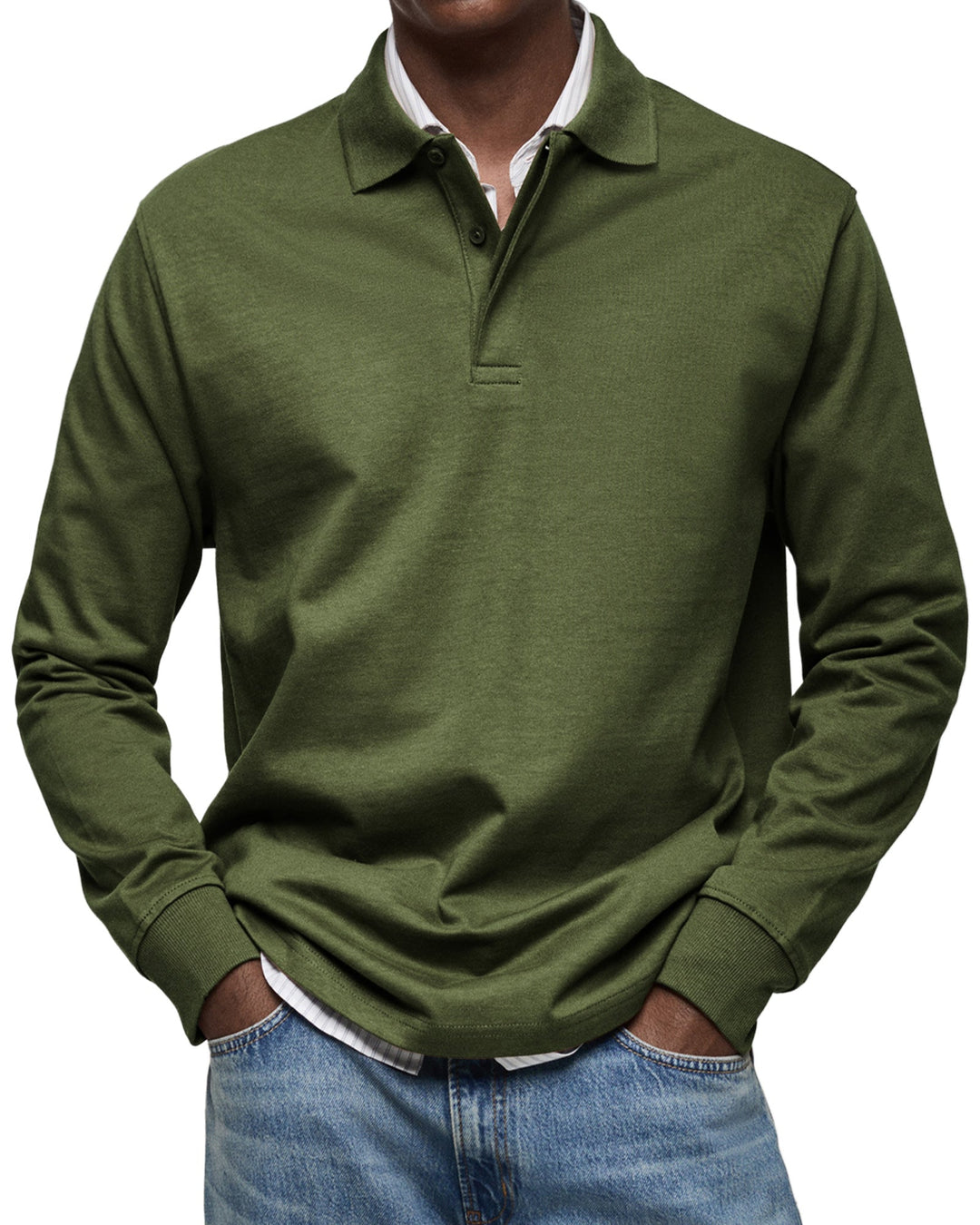 Men's classic long-sleeved polo shirt. Smart casual button placket design for refined everyday menswear.