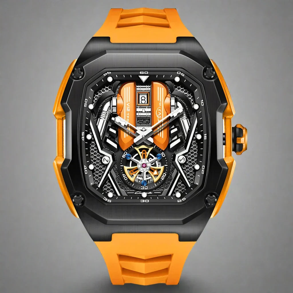 Elegant men's luxury Tourbillon Chronograph watch. Durable stainless steel, comfortable rubber strap.